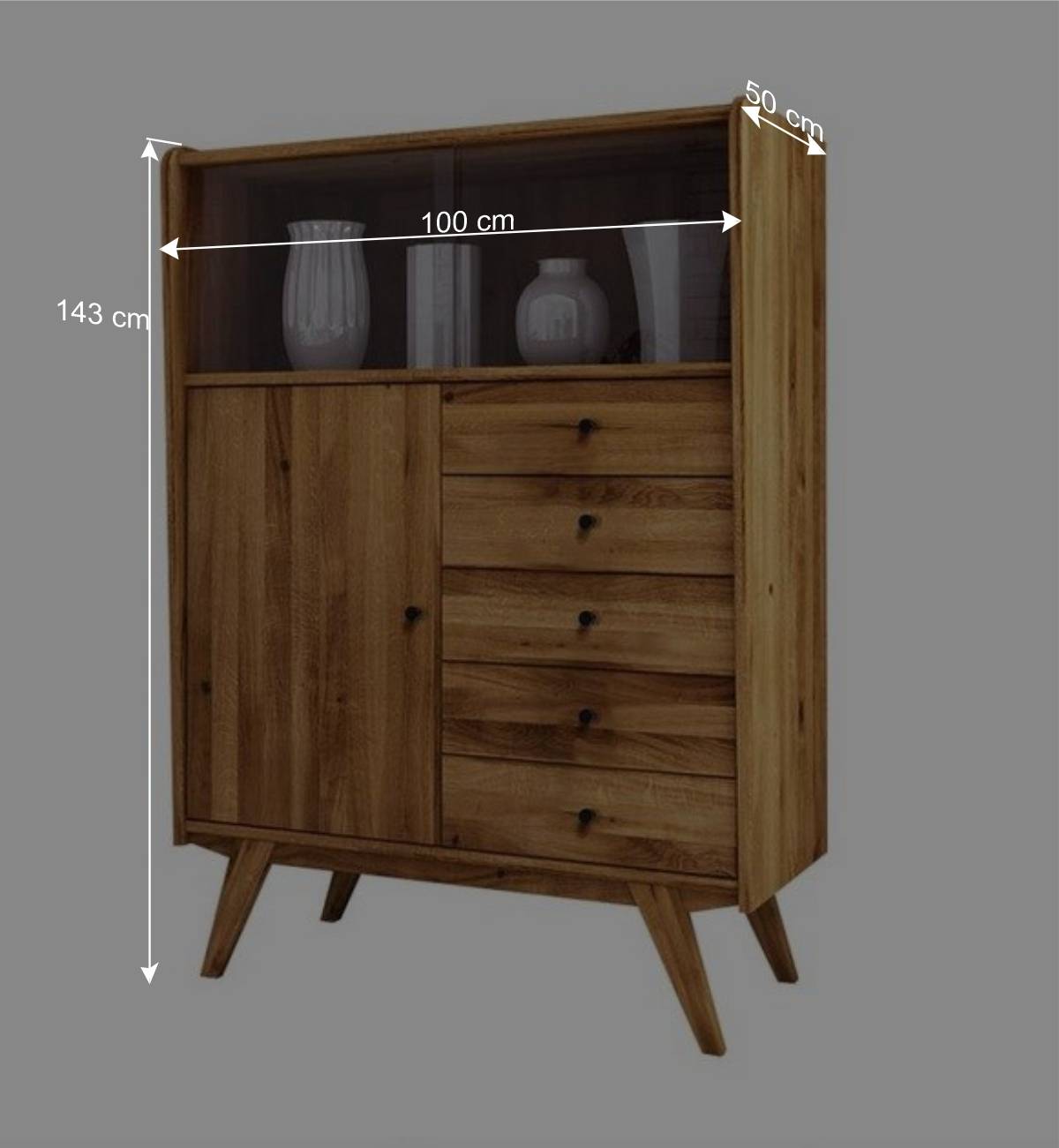 100x143x50 Mid Century Schrank mit Glas Türen - Hardus I