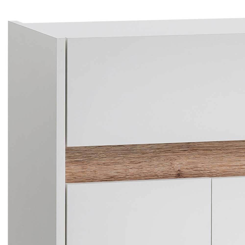 Detailansicht der weißen Oberfläche und des Holzdekors der Flurkommode – Etravia