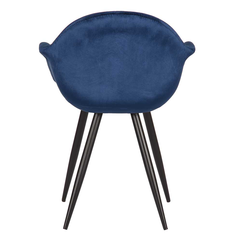 Blauer Samt Schalenstuhl im 2er Set mit geschwungener Rückenlehne und schwarzen Beinen – Omnus