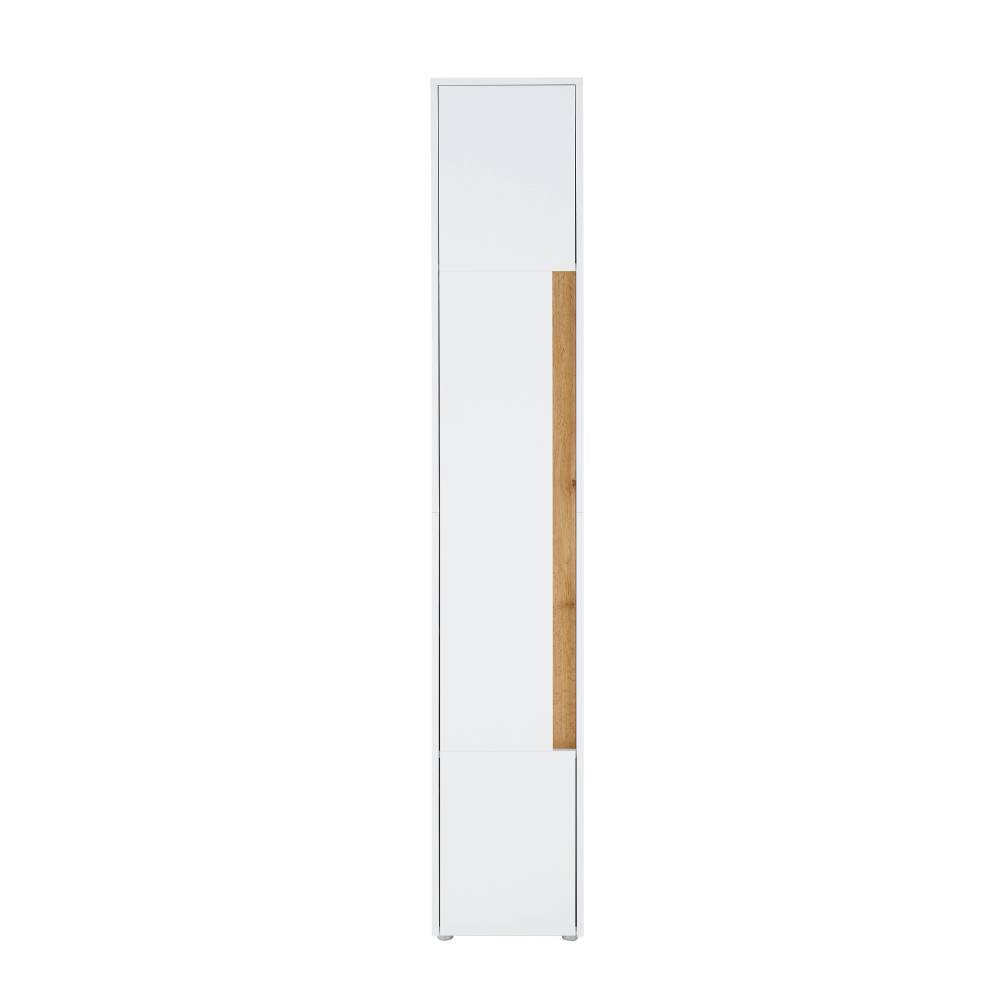 Hoher weißer Badschrank mit vertikaler Holzleiste an der Seite – Nonessia