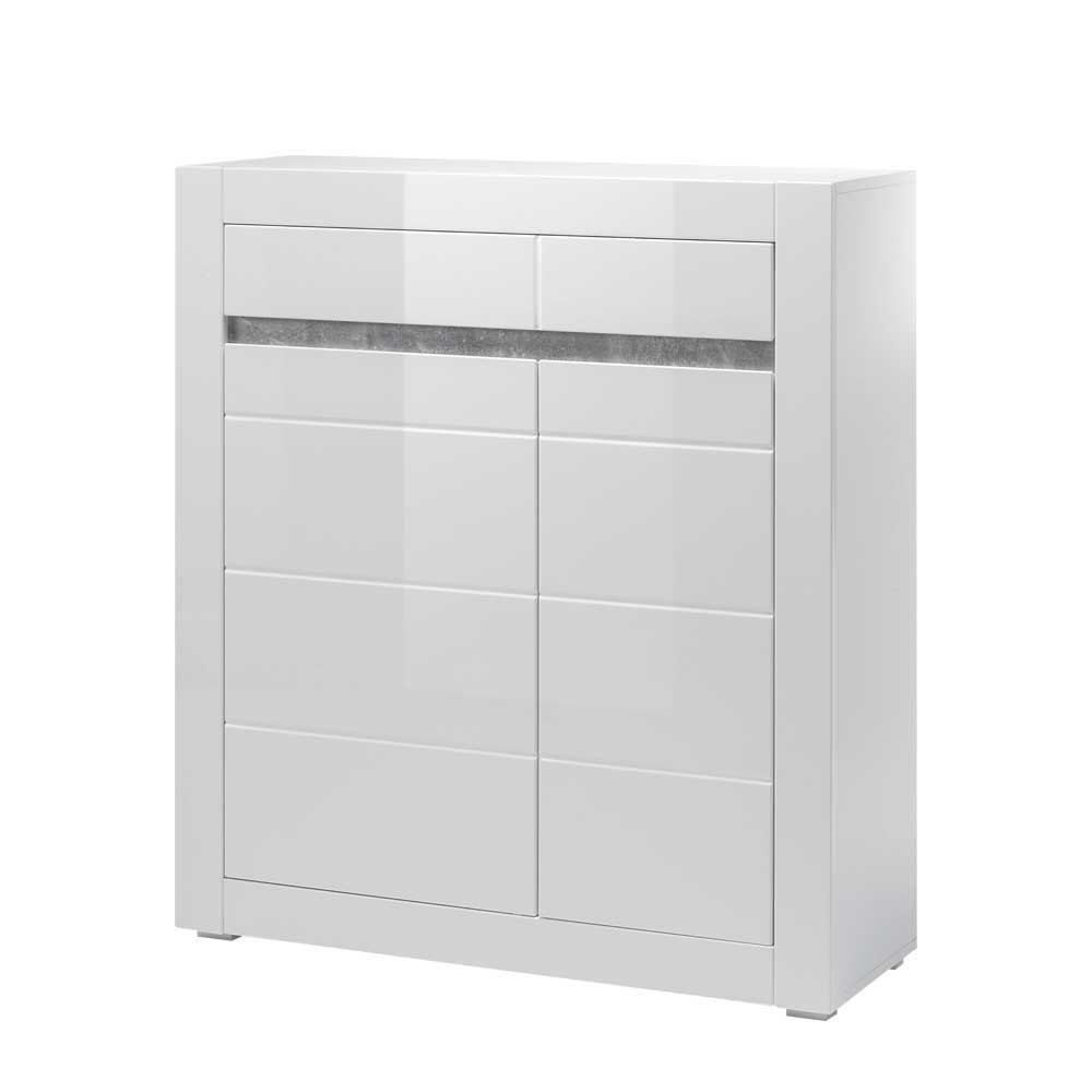 TV Wand in Weiß Hochglanz Mextra mit Dekor Beton Optik (vierteilig)