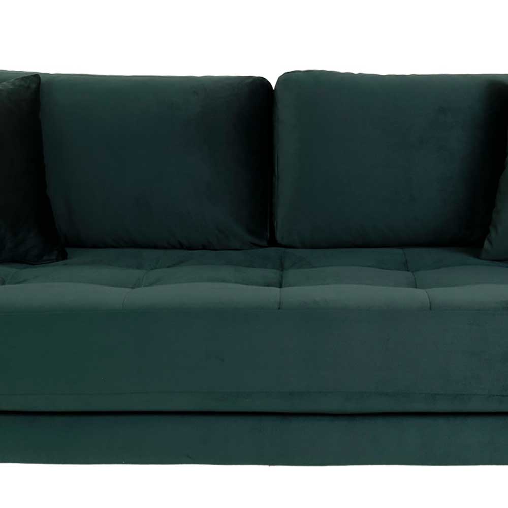 Vorderansicht der dunkelgrünen Samt Wohnzimmercouch mit bequemen Sitz- und Rückenkissen – Secilia