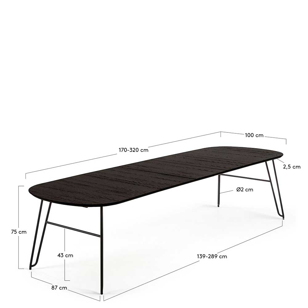 Ovaler Esszimmertisch dunkelbraun Maße und Abmessungen für 170-320 cm Länge – Ivoda