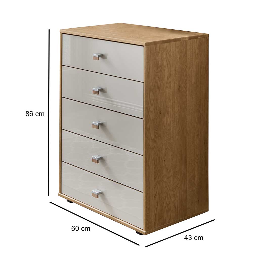 5 Schubladen Hochkommode mit Glasfront in Beige - Emdsiva I