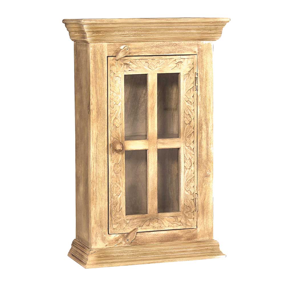 Heller Wandschrank aus Mangoholz mit Glastür und Vintage Schnitzereien – Runiasa