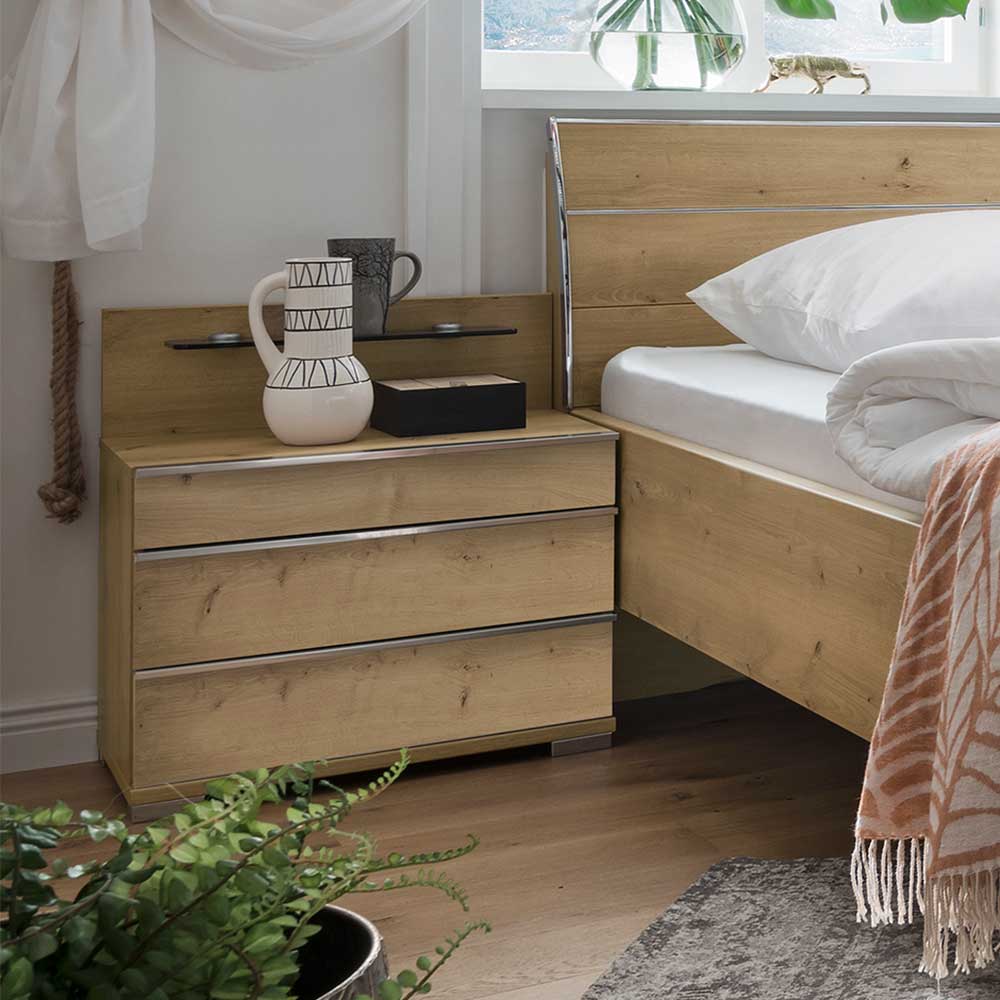 Nachttisch mit drei Schubladen und Ablage in Eiche Bianco zum Schlafzimmerbett – Soestica