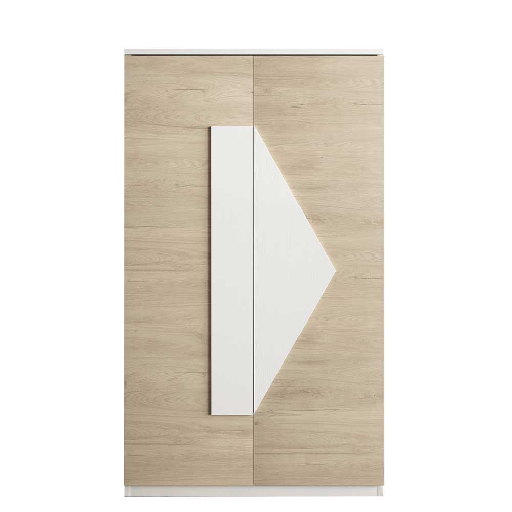 Frontansicht des geschlossenen Schuhschranks in Eiche Bianco und Weiß mit geometrischem Design – Wilios