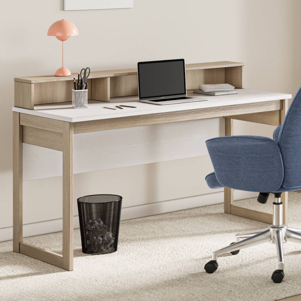 Skandi Schreibtisch Eiche Optik weiß mit integrierten Ablagen im Home Office – Ovidio