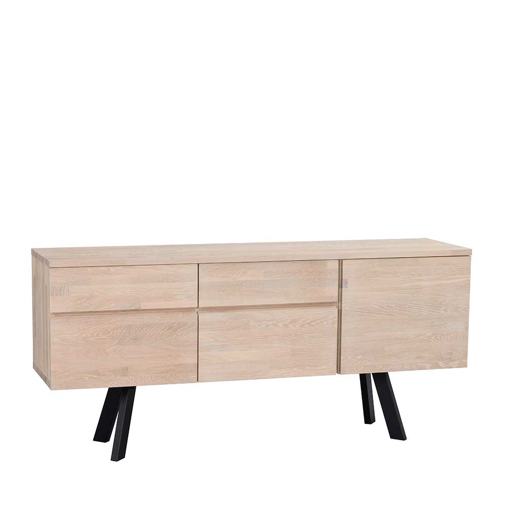 White Wash Sideboard aus Eiche massiv Pulva mit Stahl Schwarz