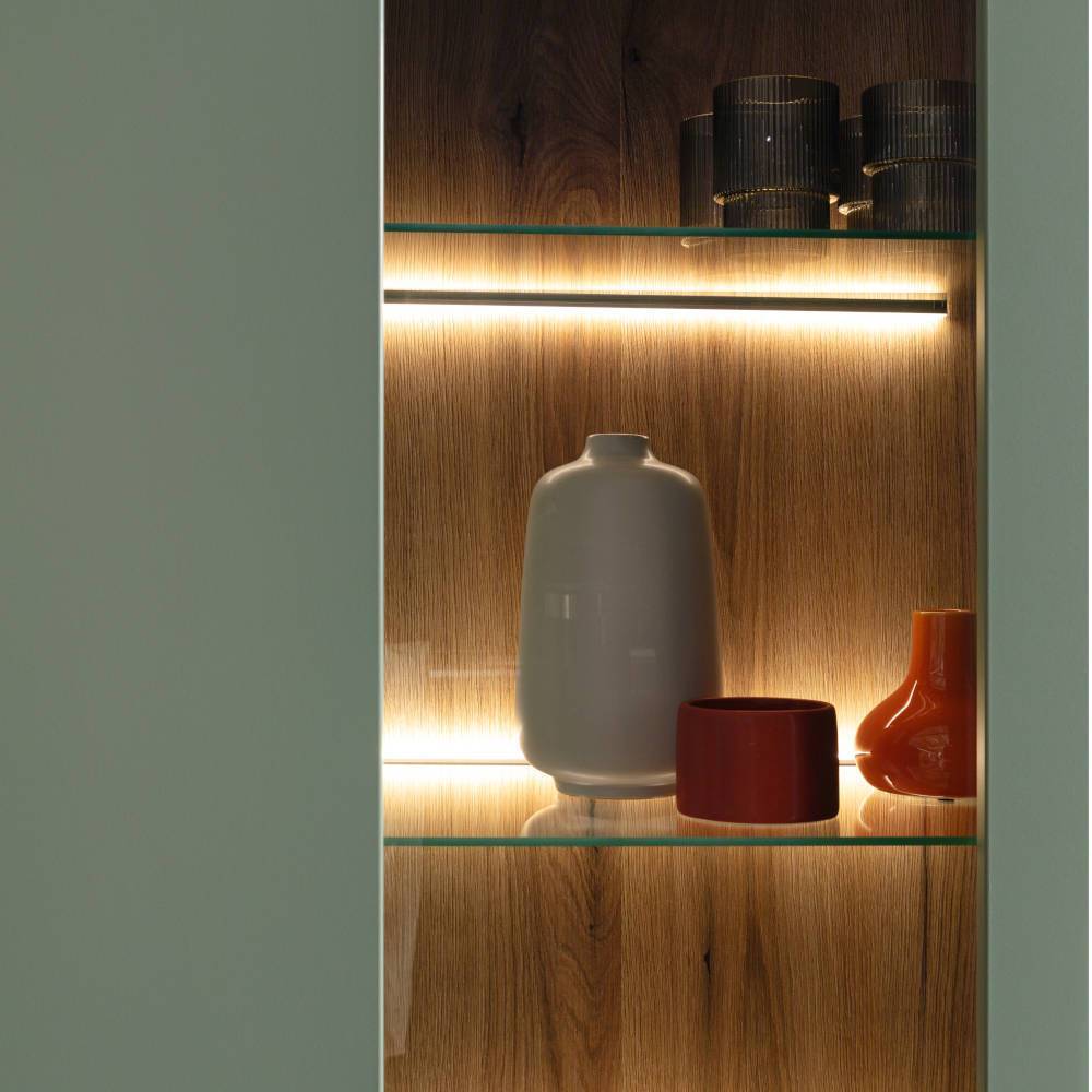 Vitrine in Graugrün mit Eiche - Kwin