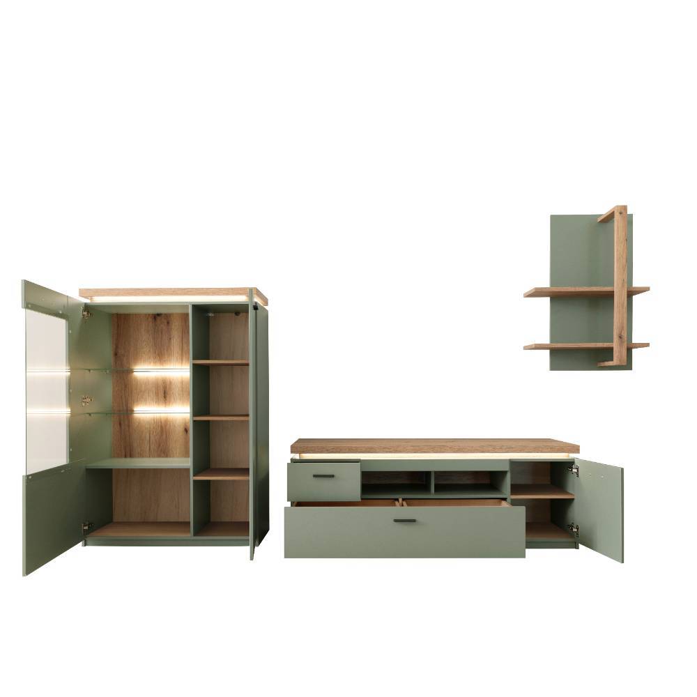 Design Wohnwand in Graugrün und Eiche - Kwin (dreiteilig)