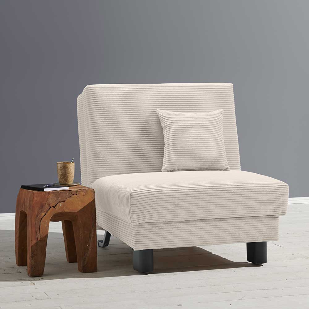 Beiger Sessel mit Schlaffunktion aus Cordstoff mit Kissen im Wohnzimmer – Samurai
