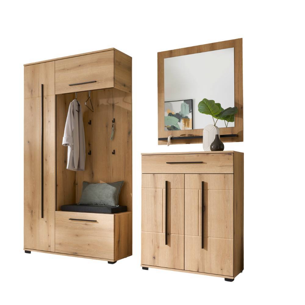 Dreiteiliges Garderoben Set in Eiche Optik mit Schrank, Schuhkommode und Spiegel – Moviess