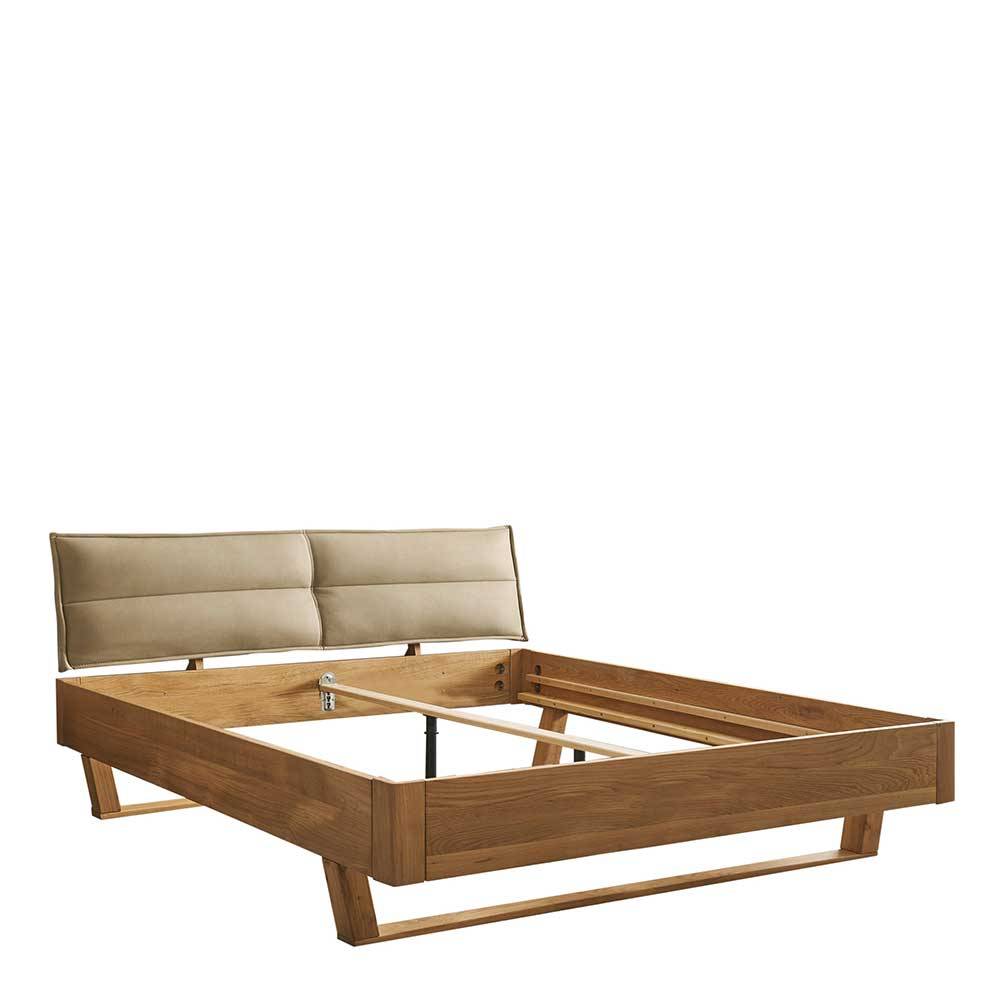 Eichen Doppelbett 180x200 cm mit beigem Polsterkopfteil und Holzrahmen – Aucira