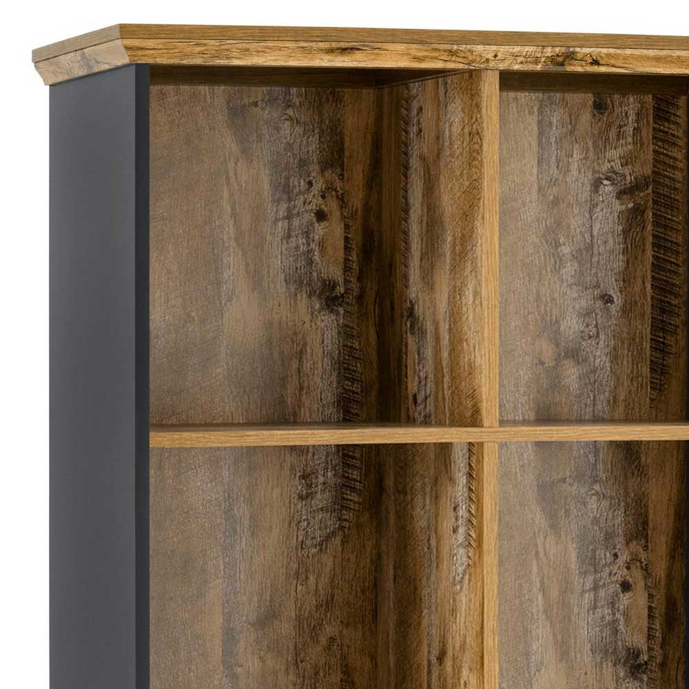 Obere offene Regalfächer mit dunkler Holzmaserung und anthrazitfarbenen Seitenwänden – Guerrero