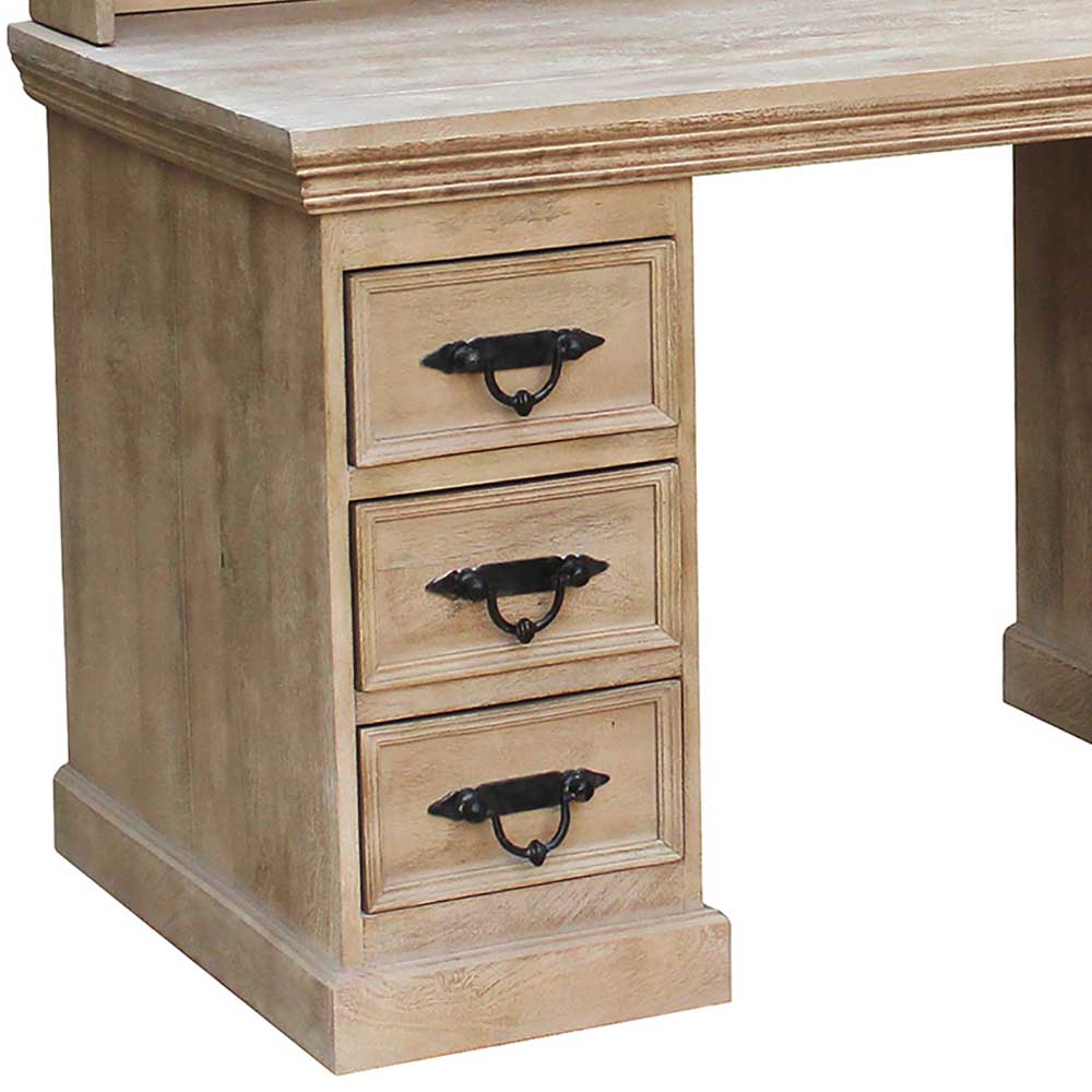 Shabby Chic Schreibtisch mit drei Schubladen und Metallgriffen im Vintage-Stil aus hellem Holz – Abid