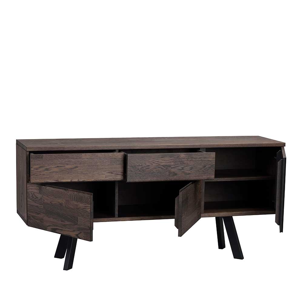 Sideboard aus massiver Eiche Rauchfarben mit offenen Fächern und Schubladen auf schwarzen Metallfüßen – Namac