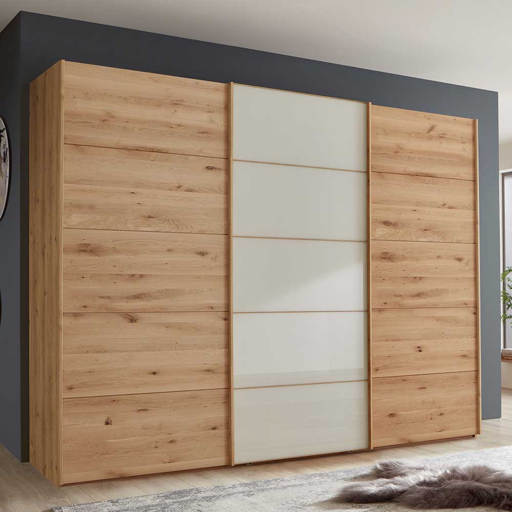 Zweifarbiger Schwebetürenschrank mit Holz- und Glaselementen in modernem Schlafzimmerdesign – Nikoba