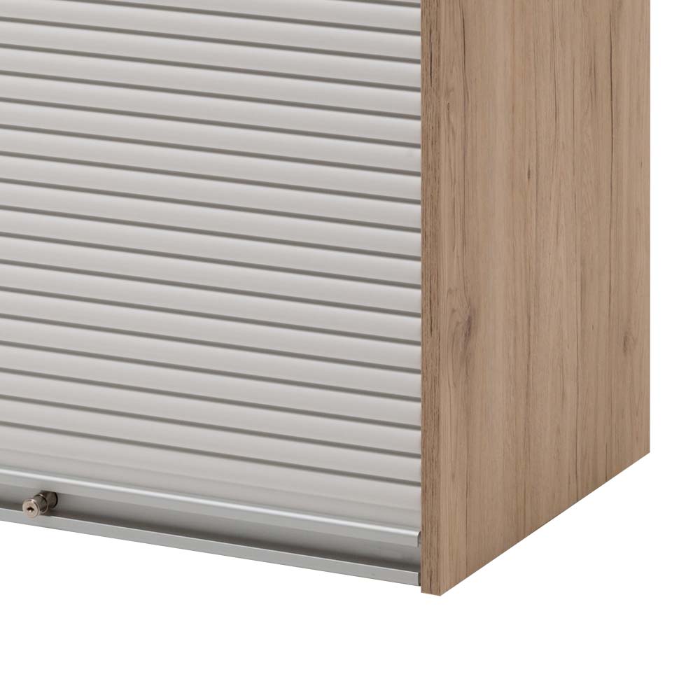 Abschließbarer Aktenschrank mit Rollladen und Schlossdetail in heller Holzoptik – Crystoga