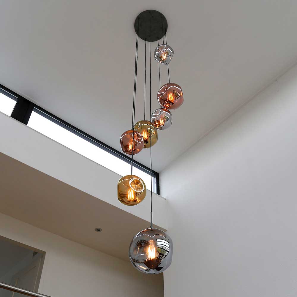 7-flammige Hängeleuchte mit Metallic Glasschirmen - Elizabeth
