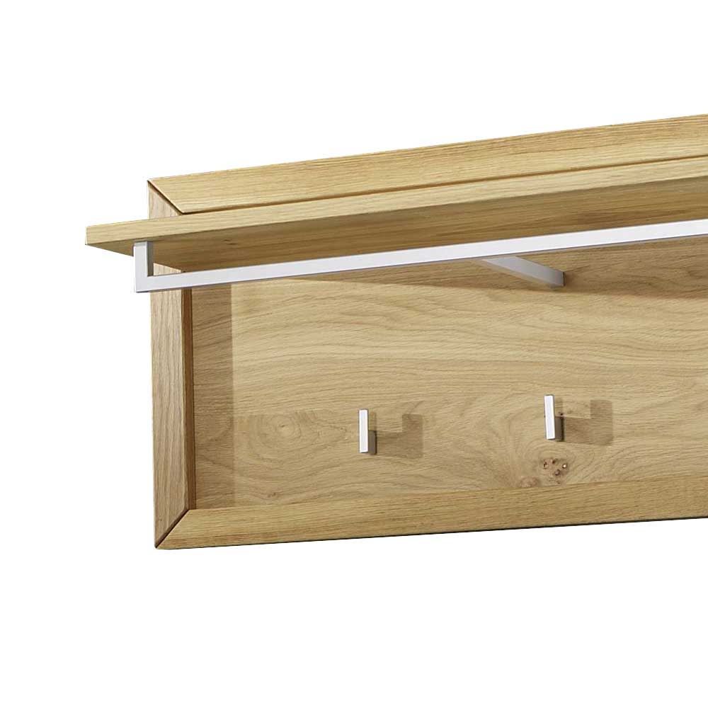 Hängegarderobe aus Wildeiche mit Ablage und weißer Kleiderstange sowie Haken – Natrius