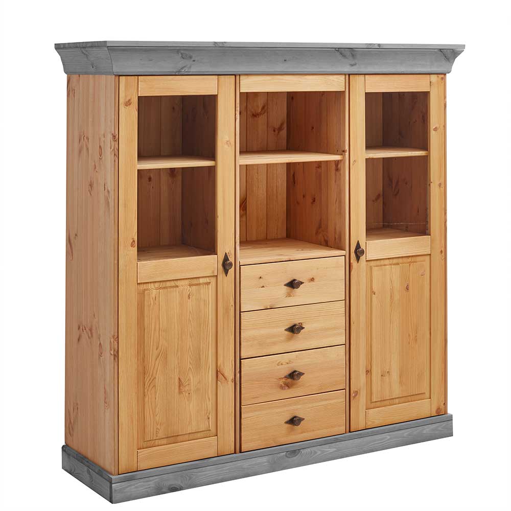 Landhaus Highboard mit Glas aus Kiefer - Eshelas
