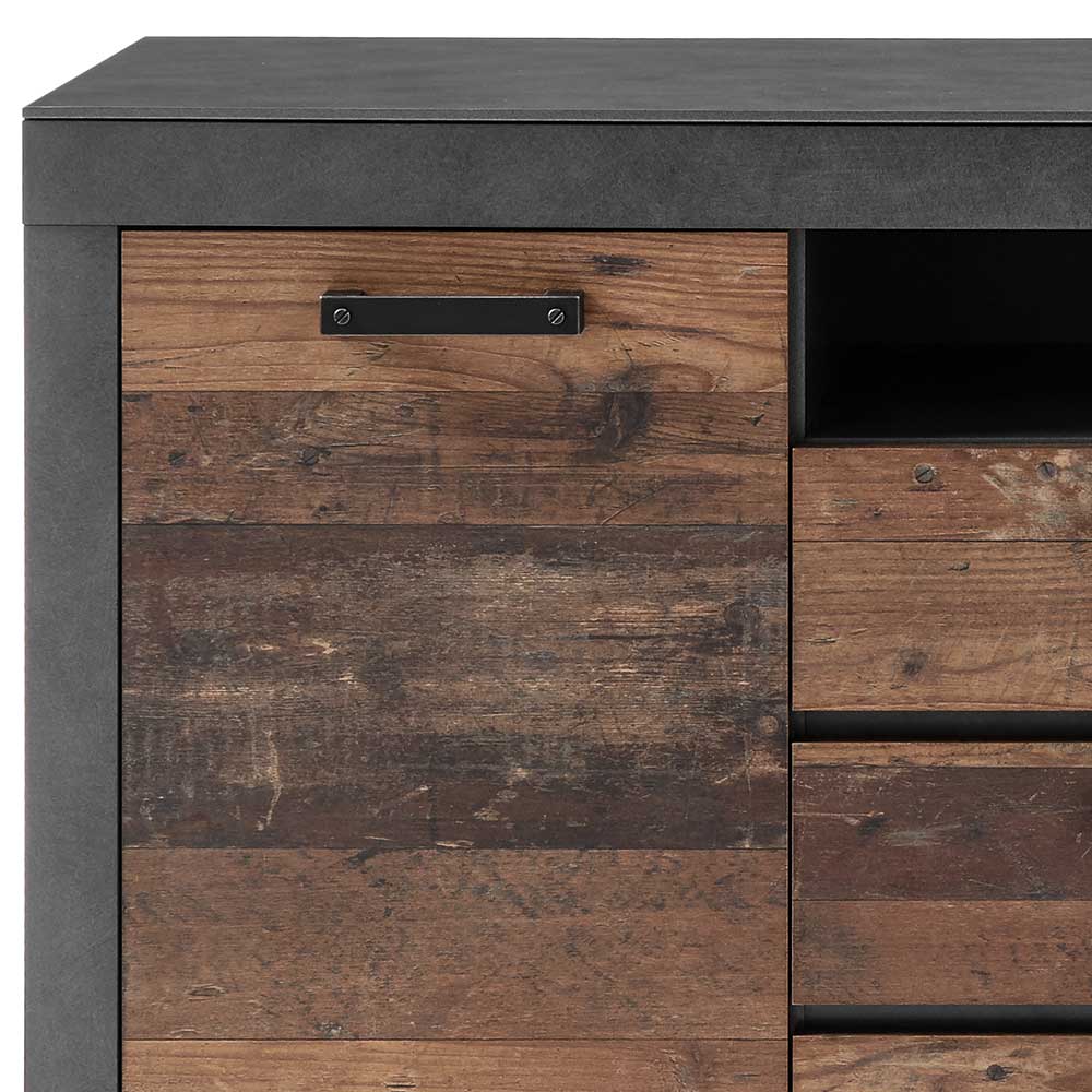 Linke Tür und obere Schublade des Kombi Sideboards in Holz- und Beton-Optik – Timuras