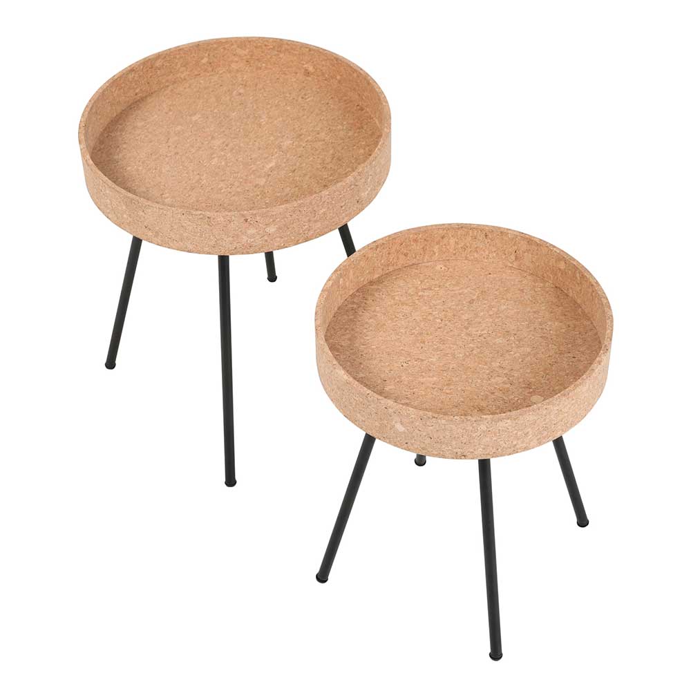 Zweiteiliges Beistelltisch-Set mit runden Korkplatten und schwarzen Metallfüßen – Exas