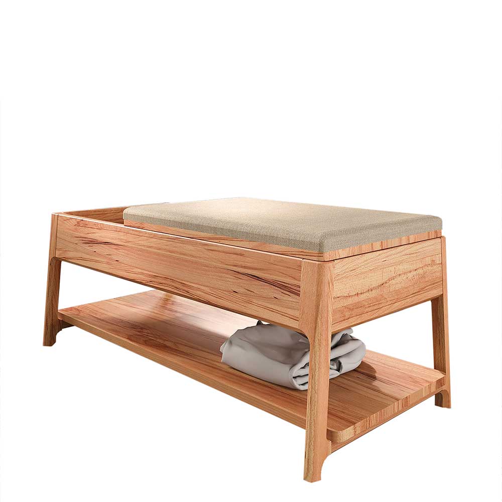 Design Bettbank mit beige gepolsterter Sitzfläche und Stauraum Ablage – Lana