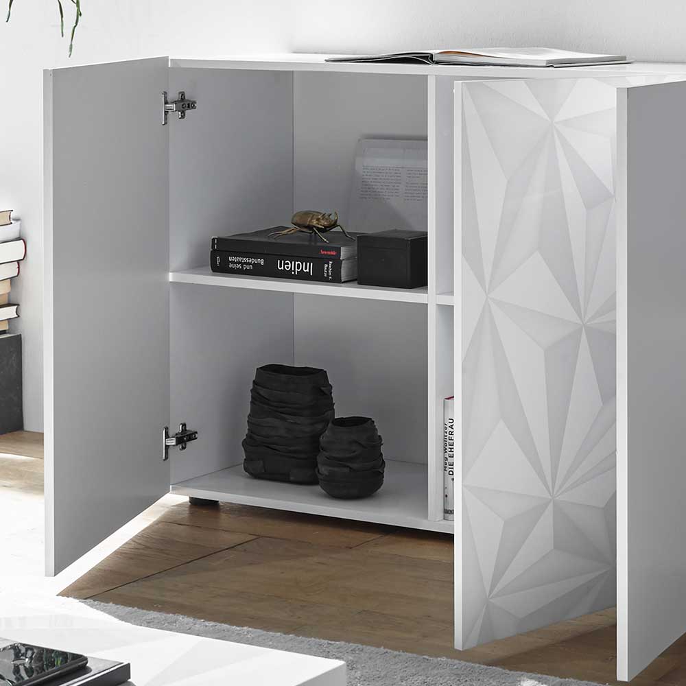 Weißes Sideboard mit geometrischem 3D-Muster, offener Tür und Stauraumfächern – Vovasoma
