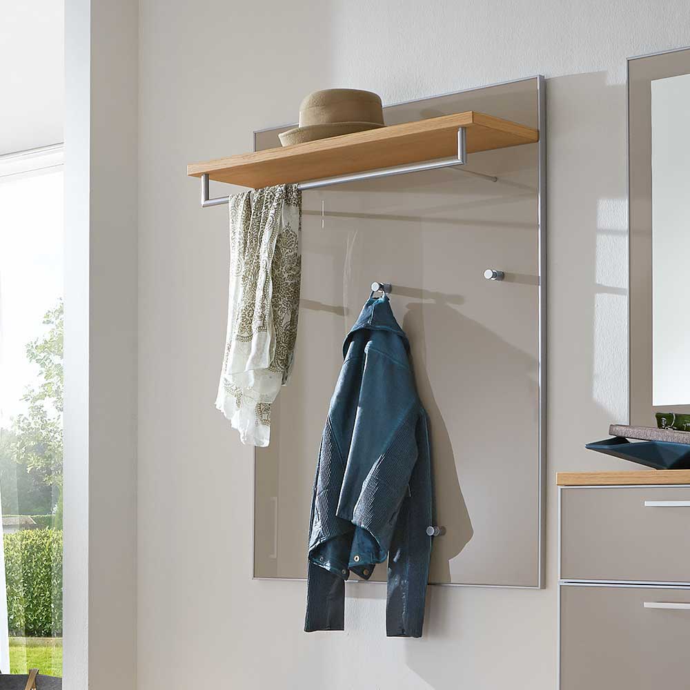 Garderobenpaneel mit Ablage in Taupe Glas und Holzoptik für Jacken und Hüte – Diecca