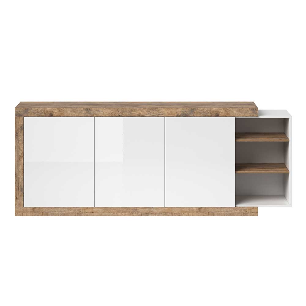 Breites Sideboard 220 cm mit drei Hochglanz Türen und offenen Regalfächern in Holzoptik – Milvara
