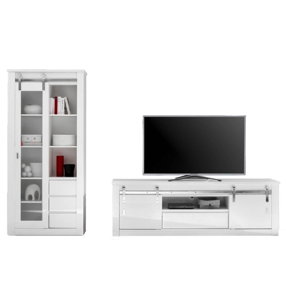 Zweiteiliges Wohnzimmerschrank Set in Weiß mit Vitrine und TV-Möbel – Memphys
