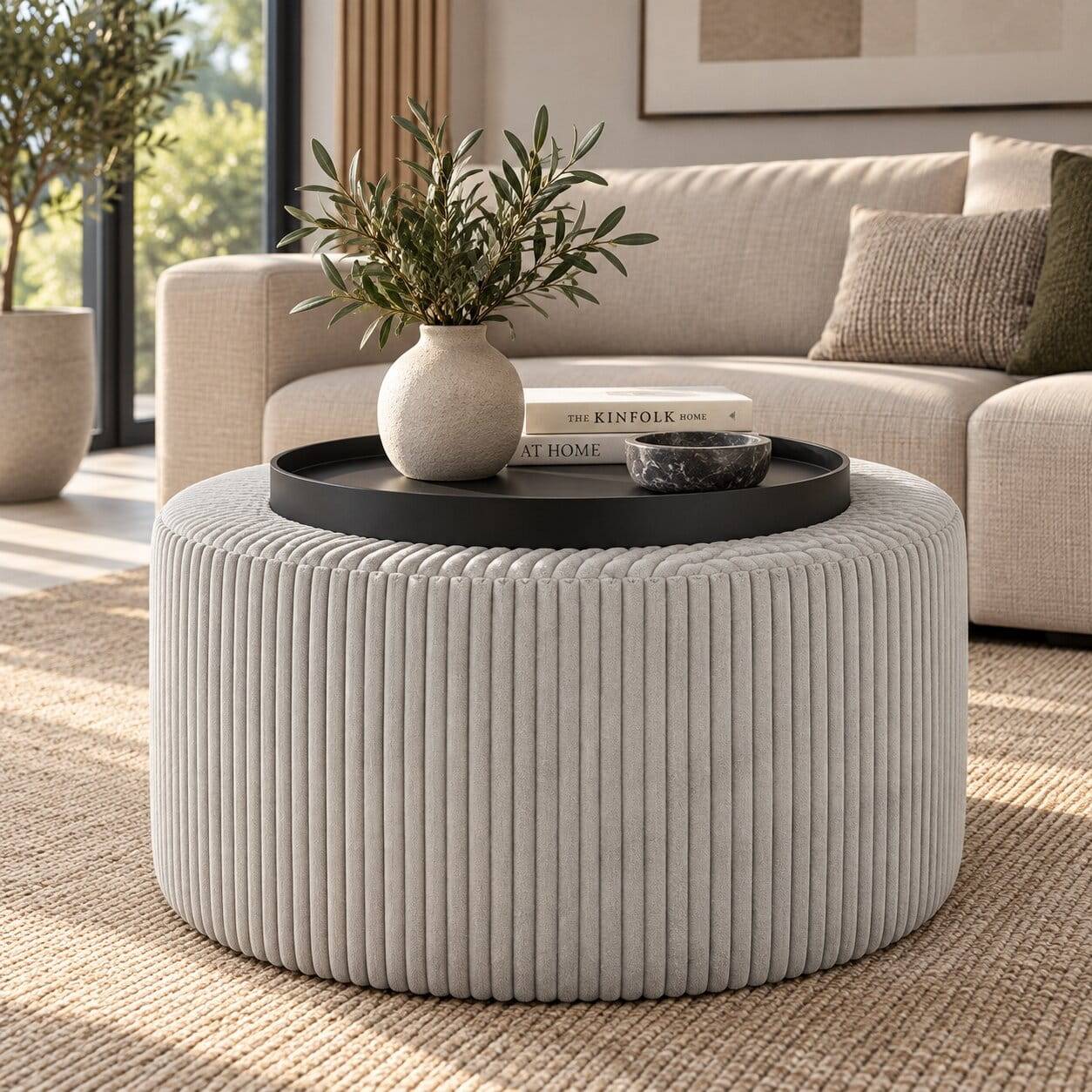 Runder Couchtisch mit Cord Stoff in Grau - Memori