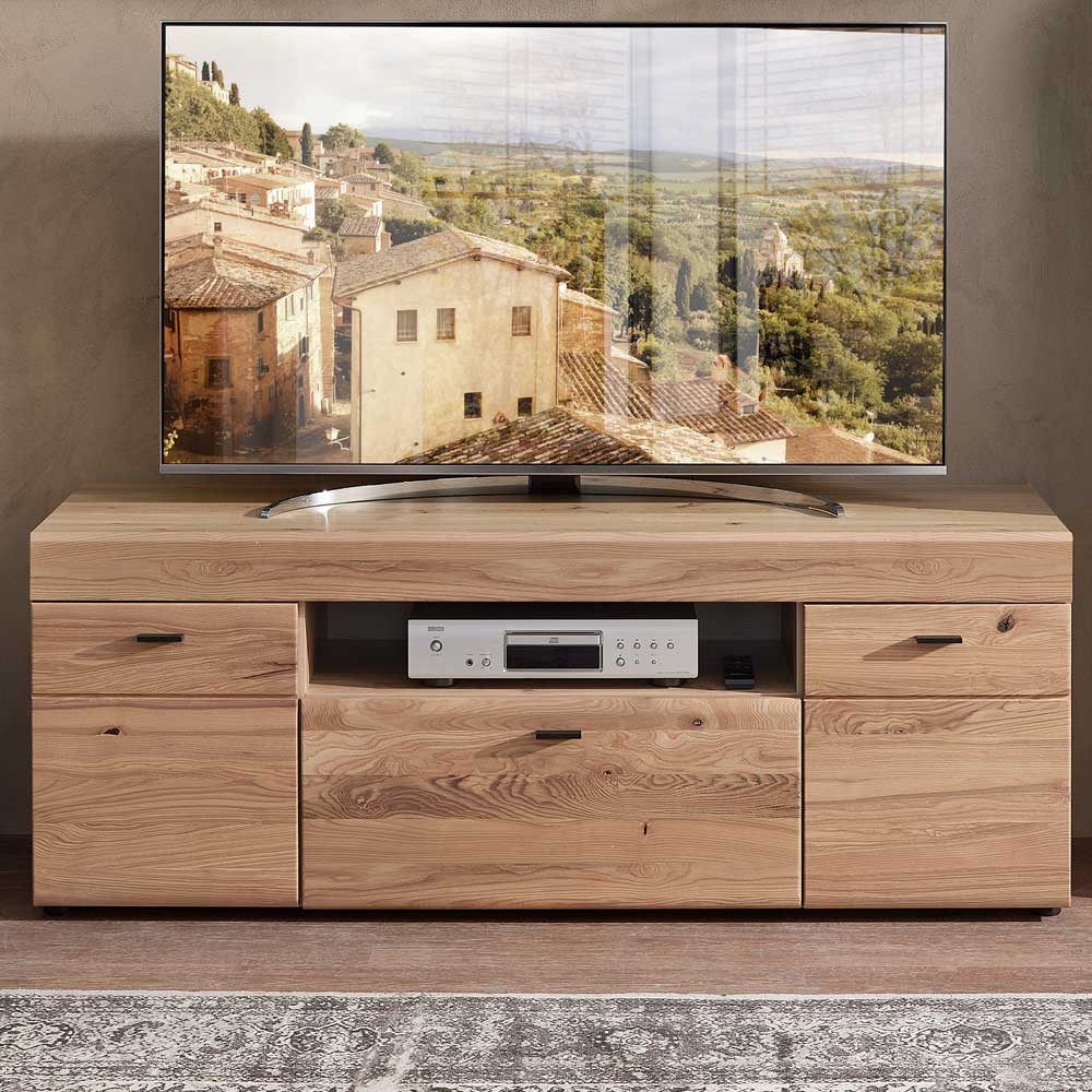 Breites TV-Lowboard aus Holz mit Stauraum und offenen Fächern für Mediengeräte – Cymbal