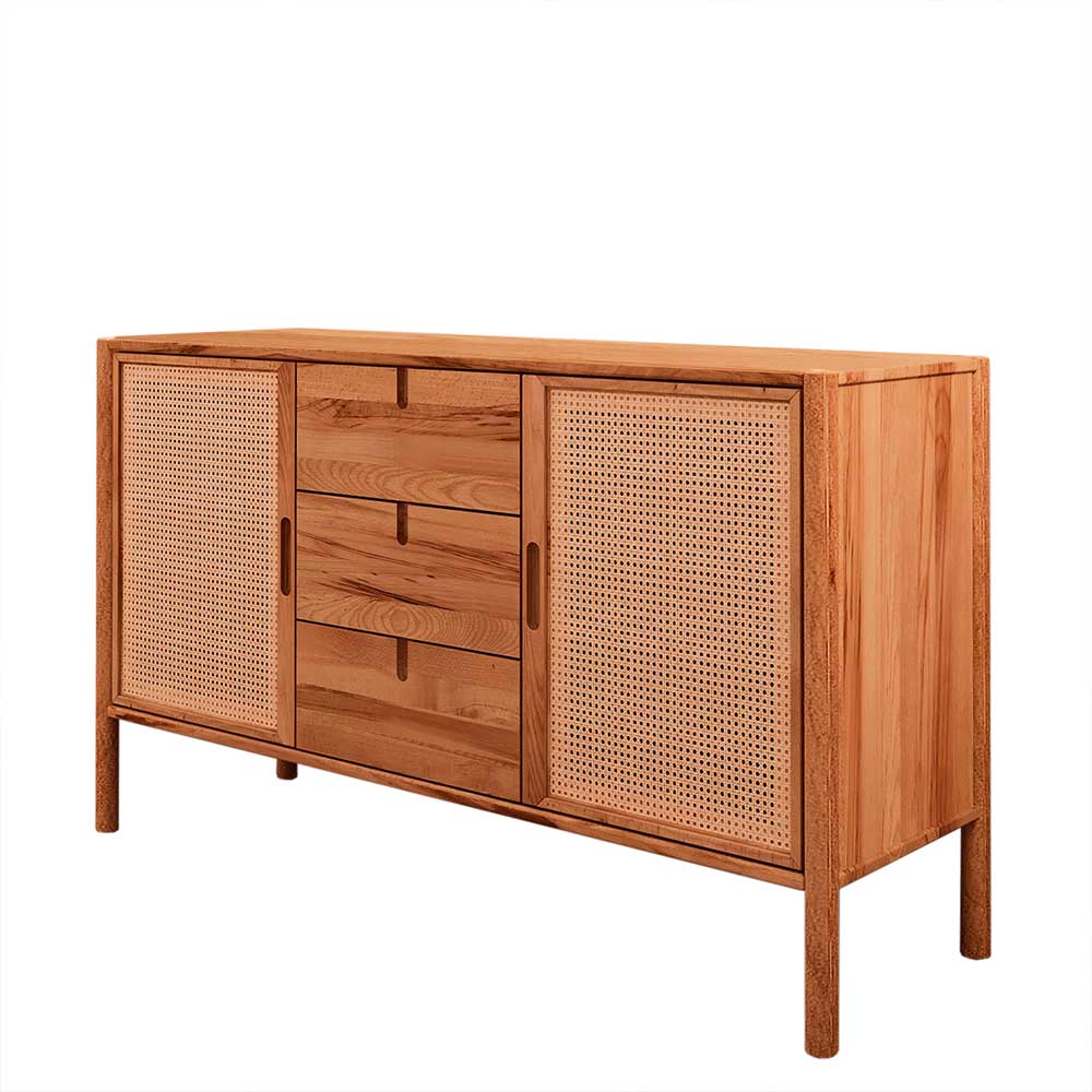 Design Sideboard aus hellem Holz mit Rattan Türen und drei praktischen Schubfächern – Indrya