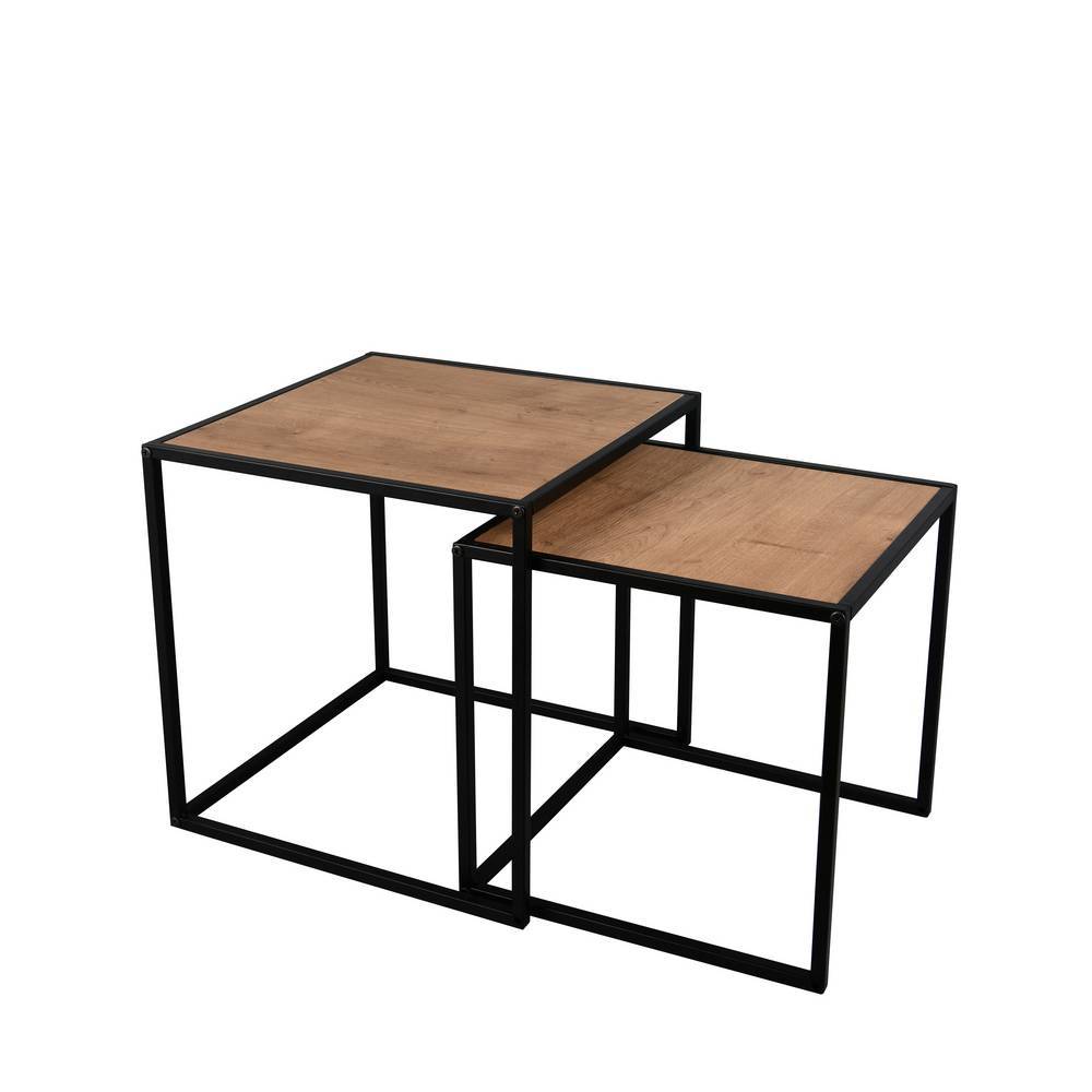 Zweisatz-Couchtisch in moderner Wildeiche Optik mit schwarzem Metallgestell – Kumico