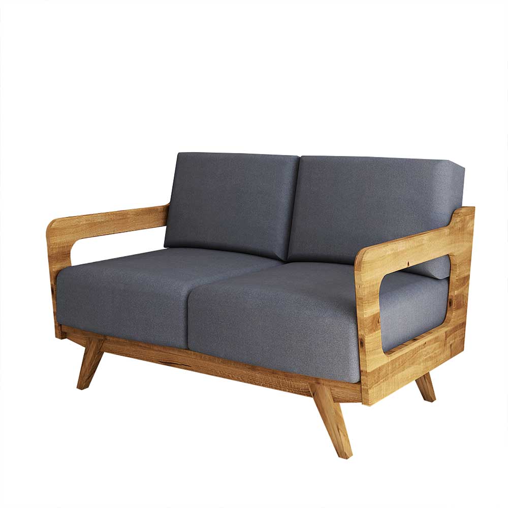 Hellgraues 2-Sitzer Stoff Sofa mit modernem Wildeiche Gestell – Hardus