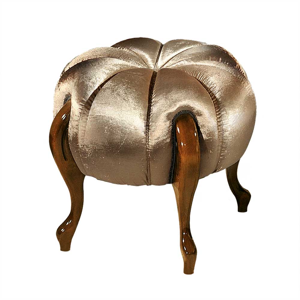 Runder Hocker im Barockstil mit goldfarbenem Samtbezug und geschwungenen Holzbeinen – Janluca