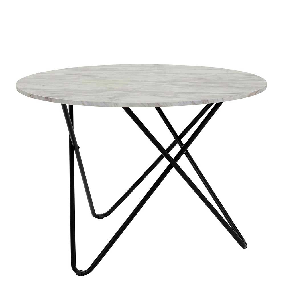 Eleganter runder K
chentisch mit heller Marmor-Effektplatte und geometrischem schwarzen Untergestell 
– Gullit