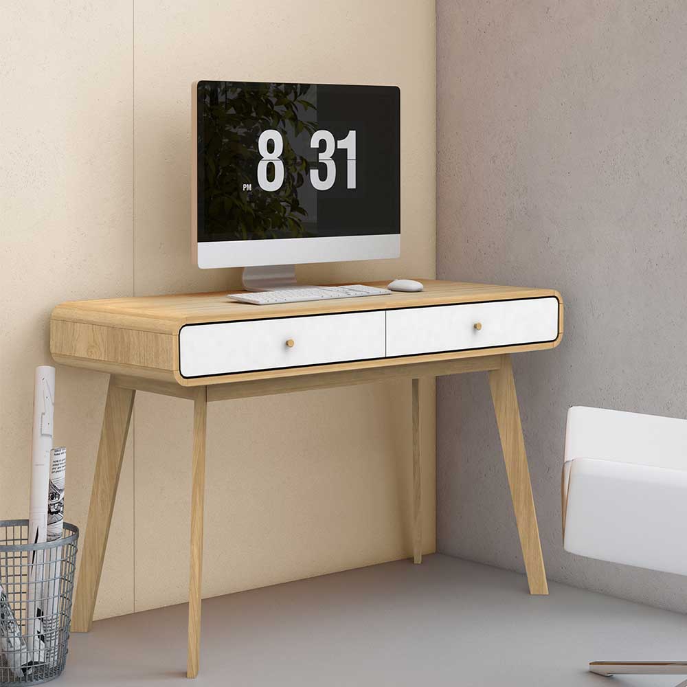 Computertisch 120x50 cm aus Holzoptik mit zwei weißen Schubladen im Büro – Jendren