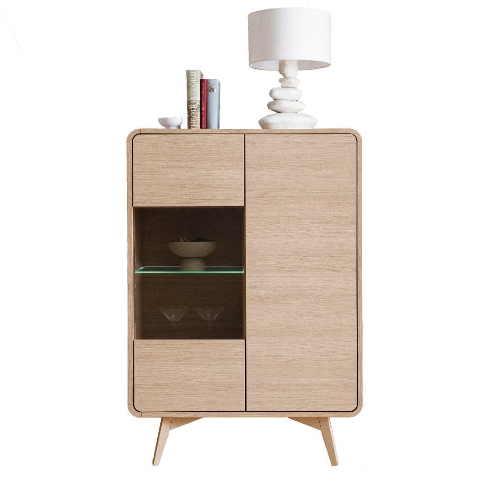 Moderne Highboard-Vitrine in Eiche Holzoptik mit Glastür und runden Kanten – Embrus