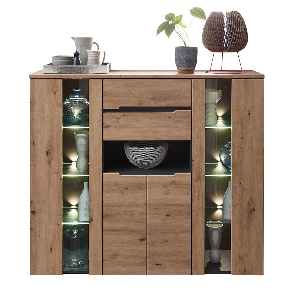 Holz Highboard mit Glasvitrinen, LED-Beleuchtung, Schubladen und Türen für das Wohnzimmer – Kuetra