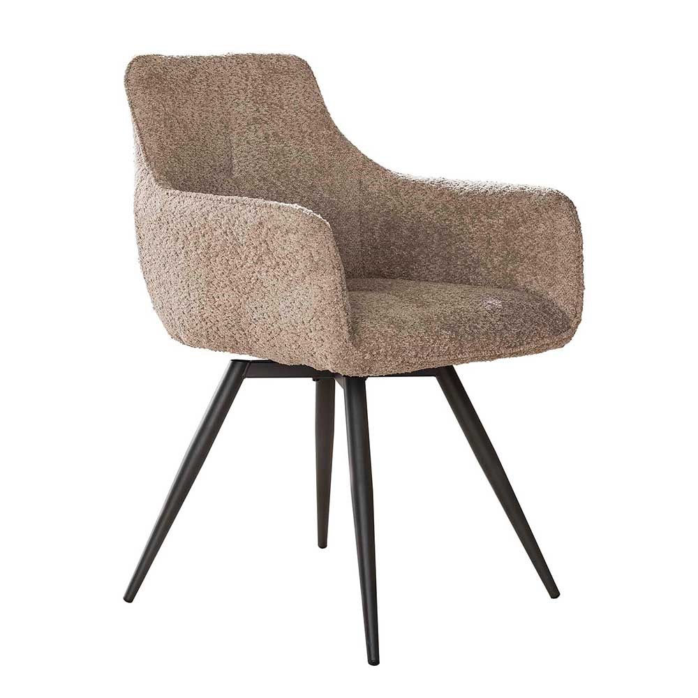 Beiger Boucle Esszimmer Drehstuhl mit Armlehnen und schwarzen Metallbeinen – Yilan
