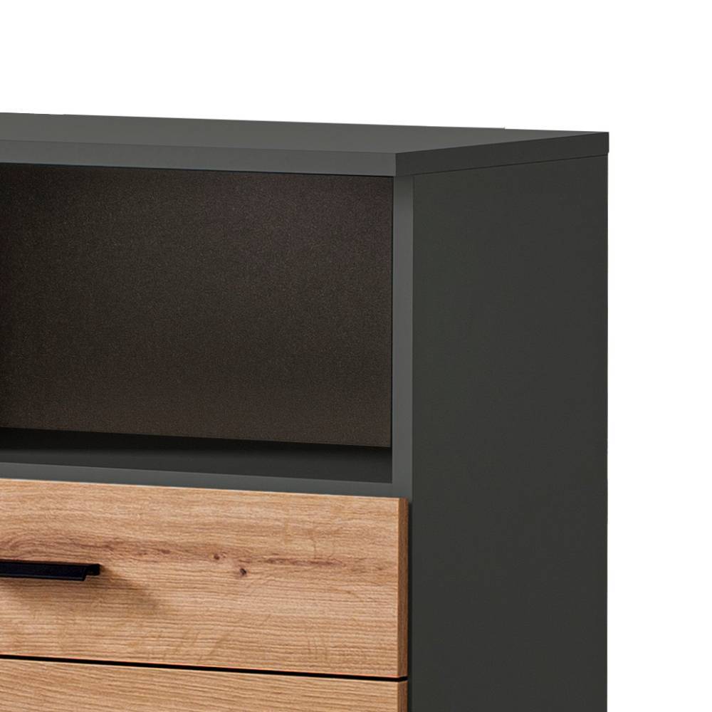 Midischrank mit offenem Ablagefach in Anthrazit und Schublade in Wildeiche Optik – Plicardo