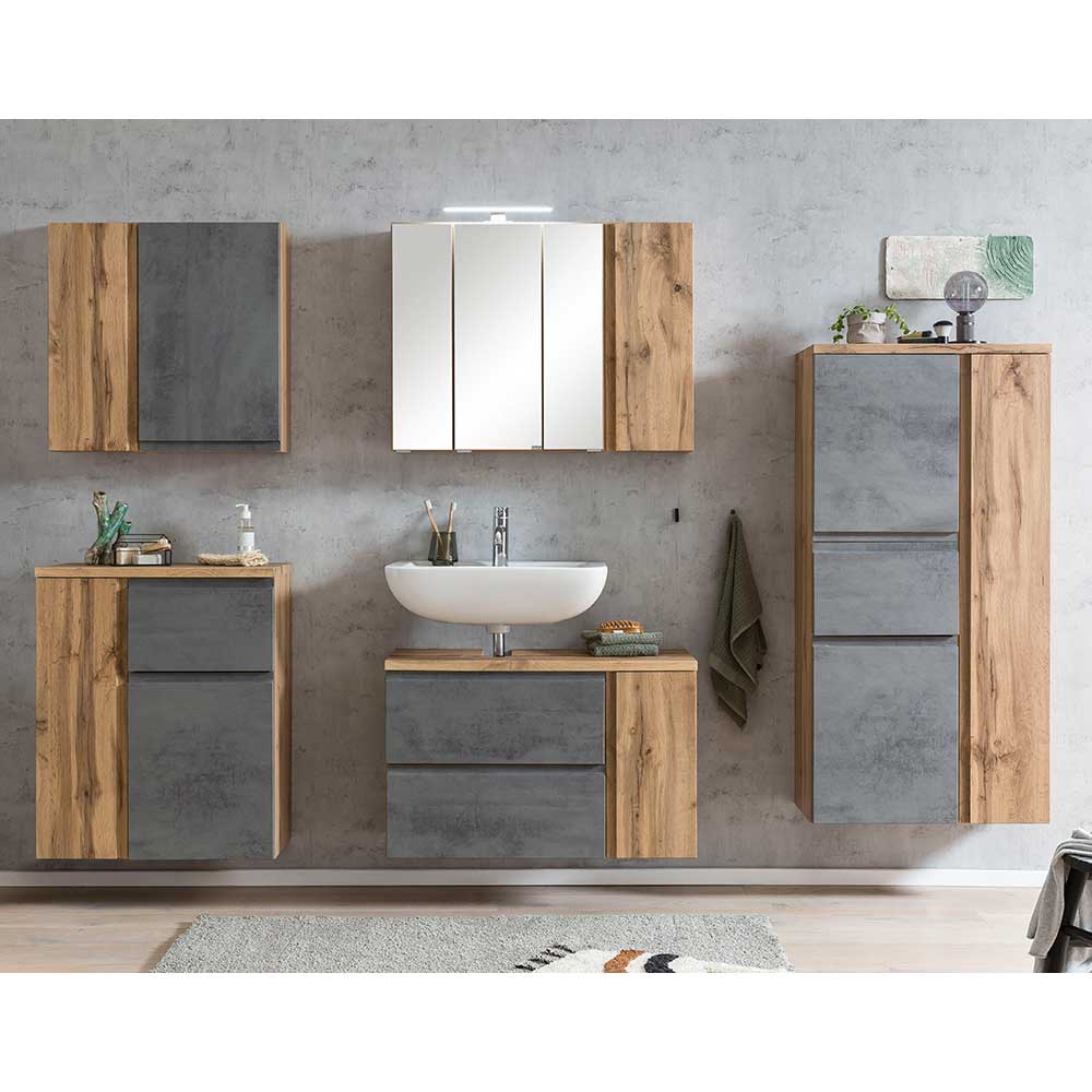 Fünfteiliges Badezimmermöbel Set in Holzoptik und Beton Grau mit Spiegelschrank und Waschbeckenunterschrank – Mia