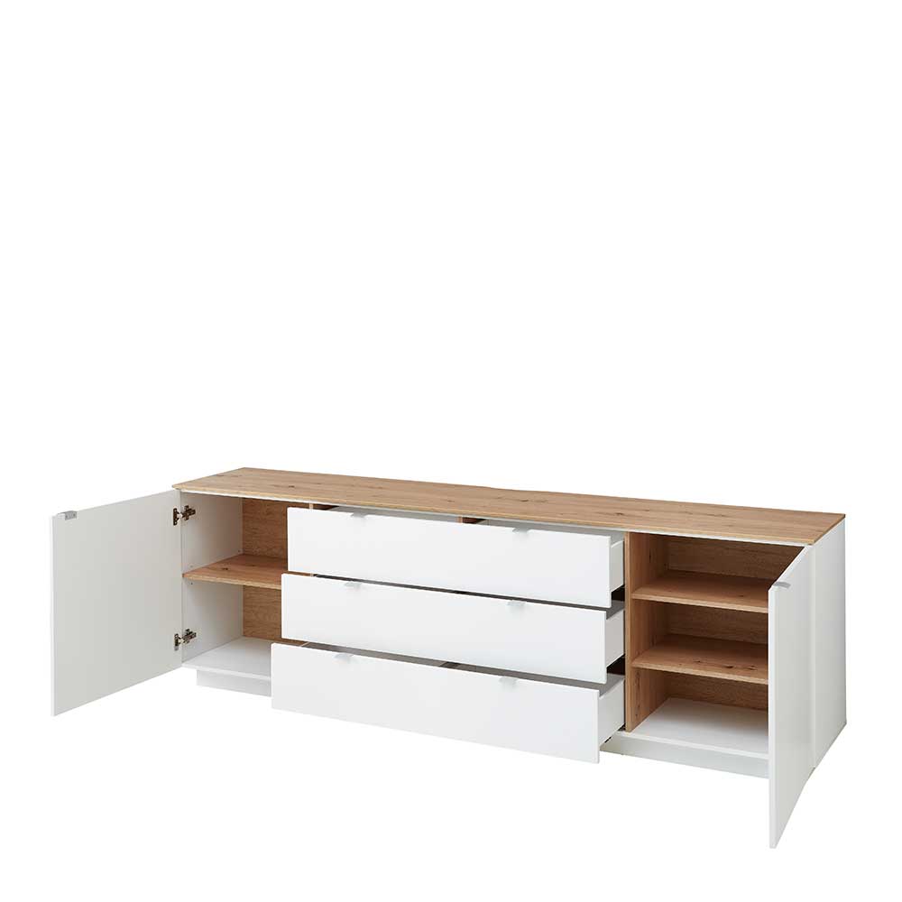 Offenes weißes Sideboard mit drei Schubladen und variablen Holz-Einlegeböden für Stauraum – Astaran