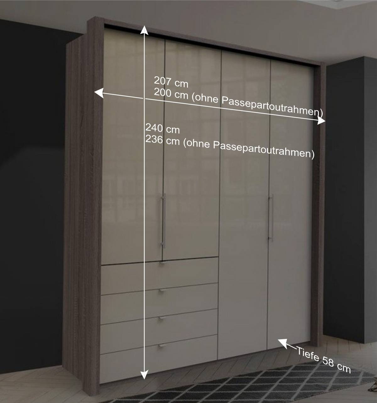 Kleiderschrank in Creme Glas & Eiche dunkel - Cluster