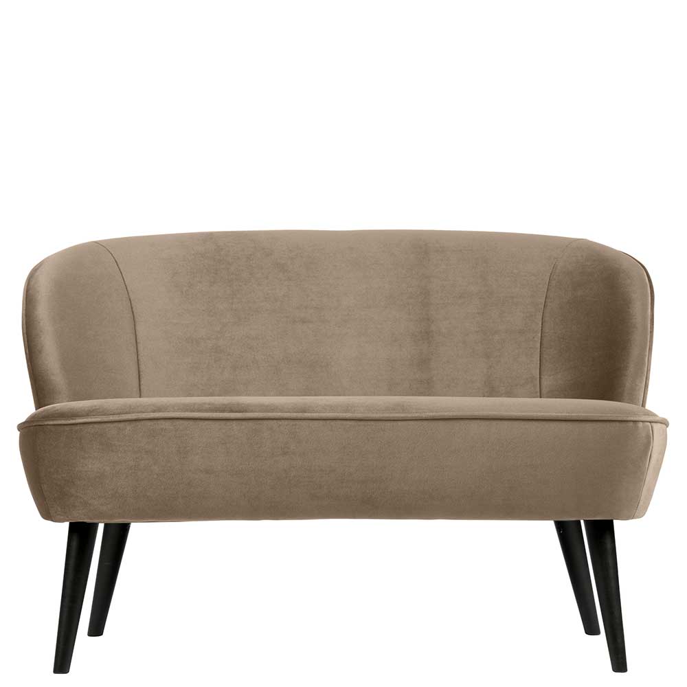 Khaki Samtstoff Retro Couch mit geschwungenen Armlehnen und schwarzen Holzfüßen – Griffina