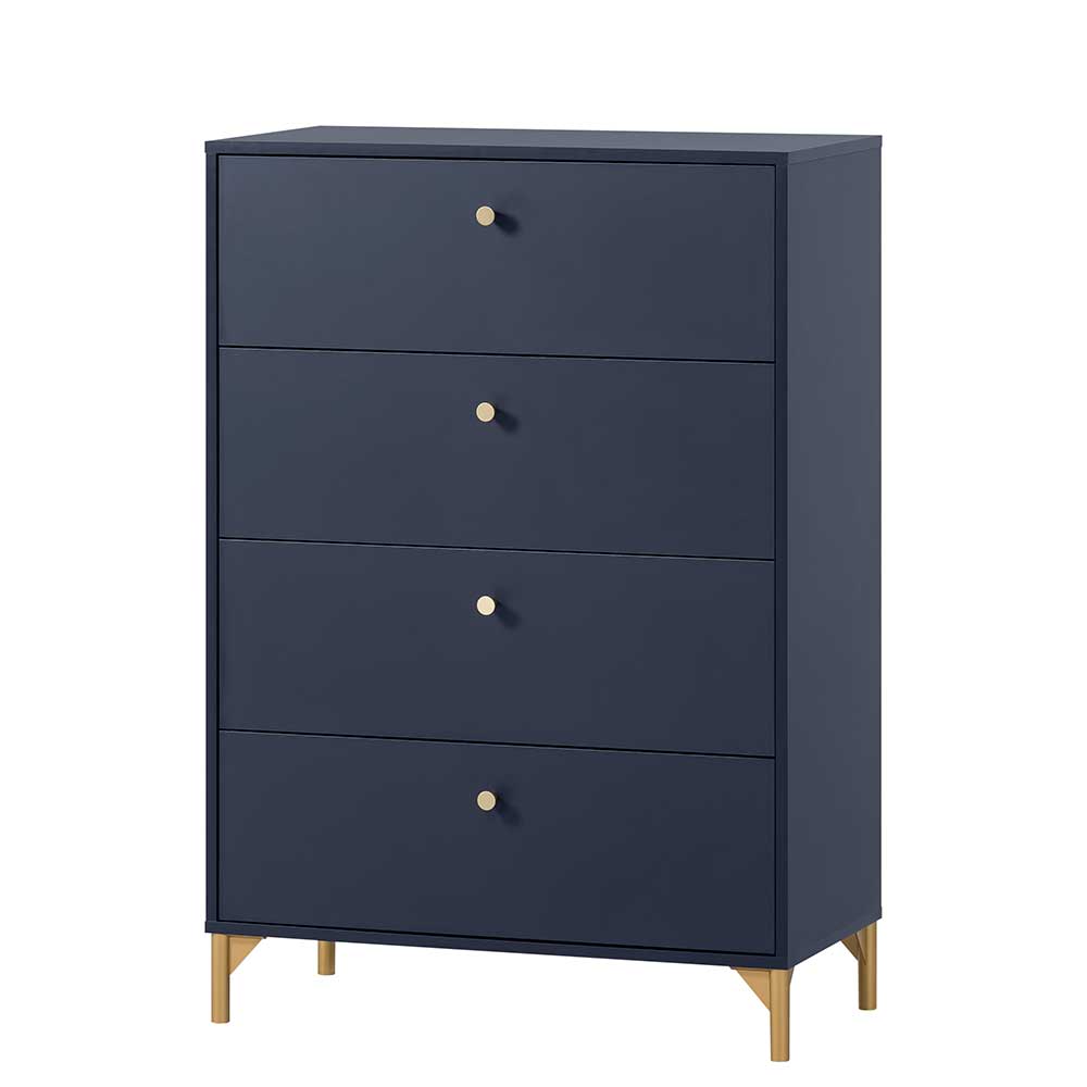 Hohe blaue Kommode mit vier Schubladen und goldenen Füßen für Schlafzimmer – Inbano